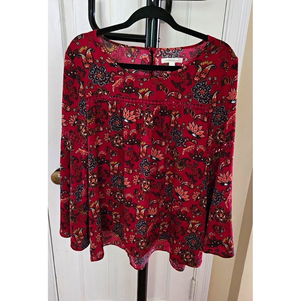 John Paul Richard Womens Blouse L Red Multicolor Floral Long Sleeve Pullover